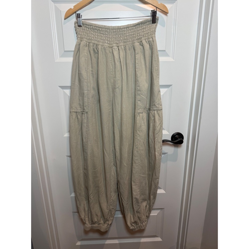 Pilcro Anthropologie Smocked Waist Linen Blend Balloon Pants Khaki Small